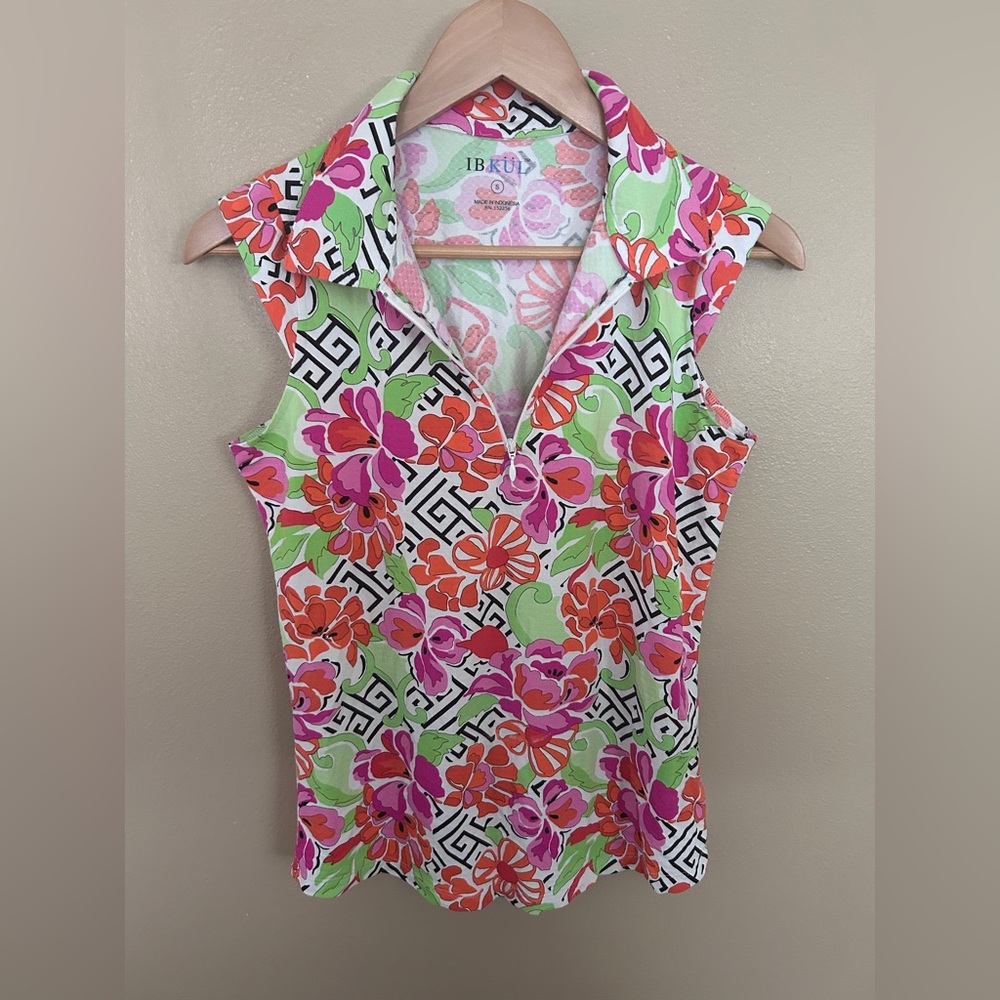IBKUL Tank Top Sleeveless Polo Floral Geometric Print Sun Protection Size S EUC